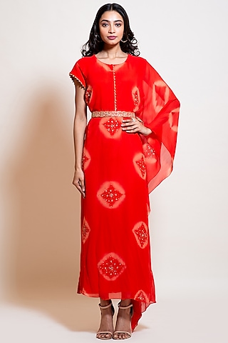Scarlet Red Georgette Embroidered & Printed Kaftan With Belt by Smriti by Anju Agarwal