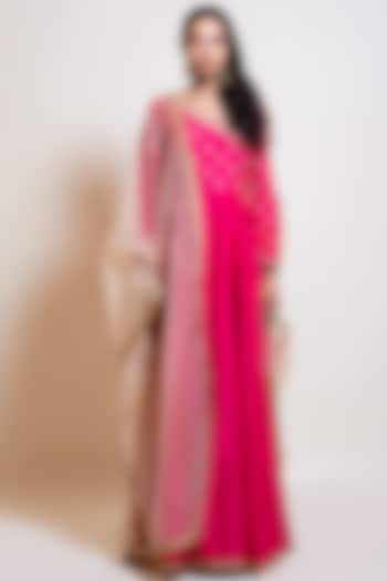 Hot Pink Silk Embellished Anarkali Set by Smriti by Anju Agarwal