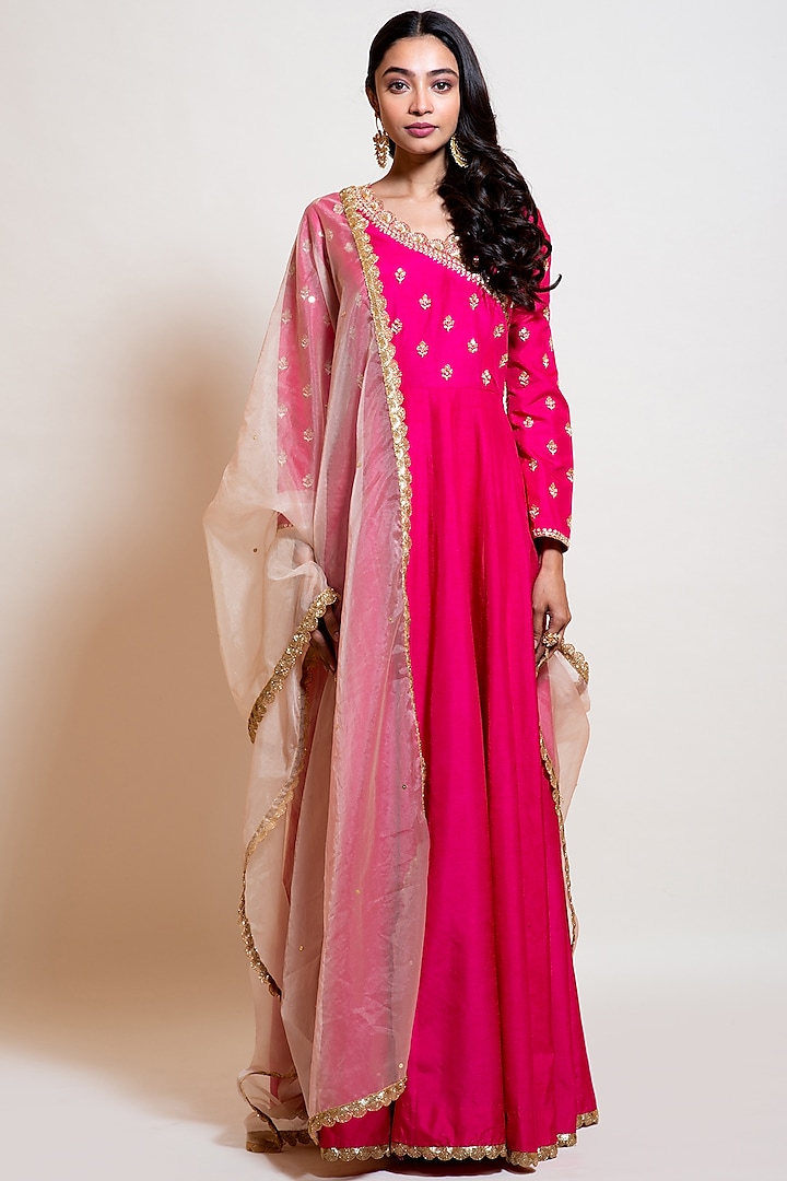 Hot Pink Silk Embellished Anarkali Set by Smriti by Anju Agarwal