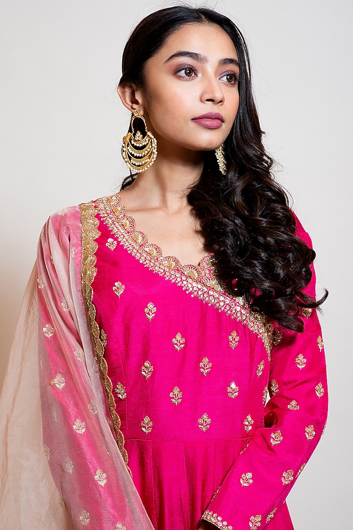 Hot Pink Silk Embellished Party Wear Anarkali Set by Smriti by Anju Agarwal at Pernia's Pop Up Shop