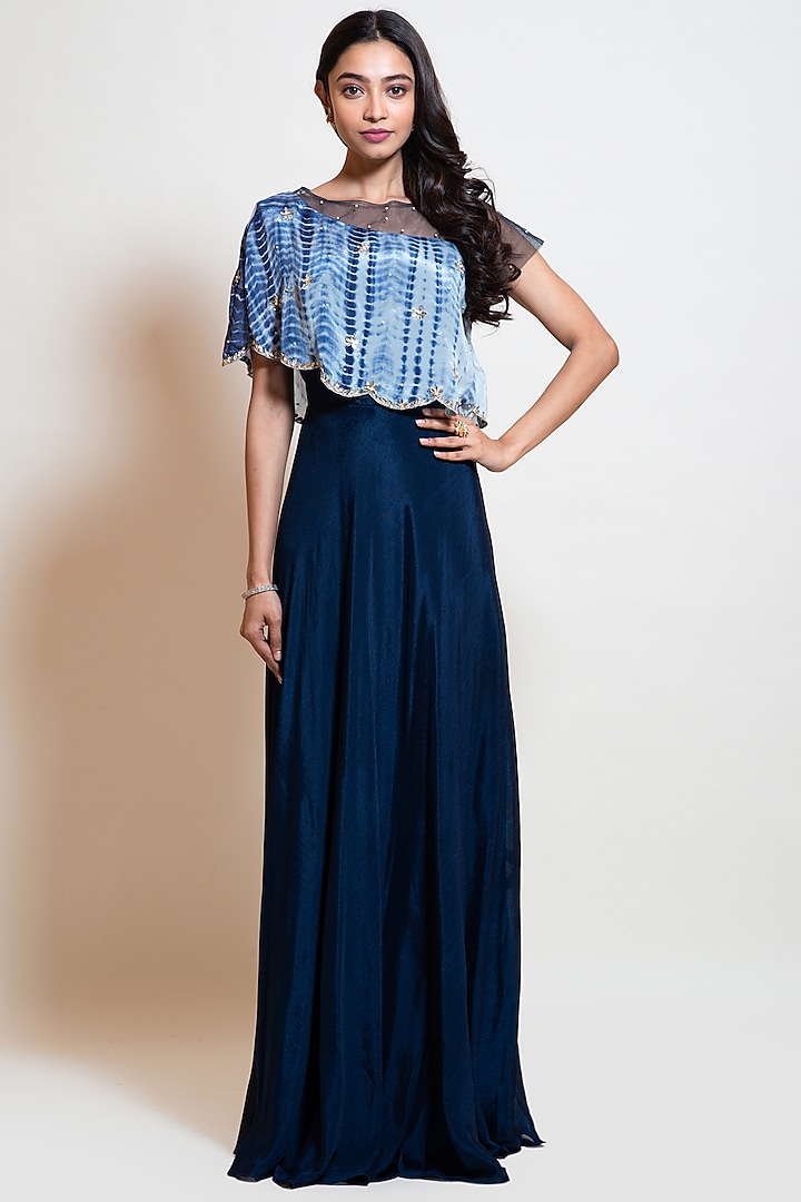 Navy Blue Crepe & Net Embellished Gown by Smriti by Anju Agarwal