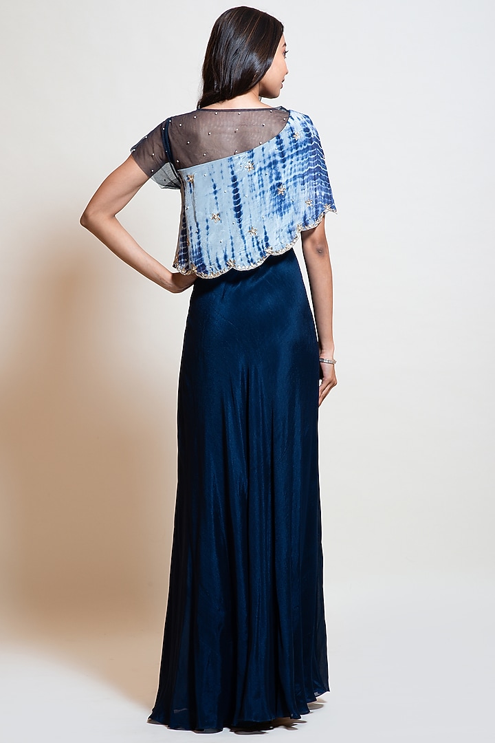 Navy Blue Crepe & Net Embellished Party Wear Gown by Smriti by Anju Agarwal at Pernia's Pop Up Shop