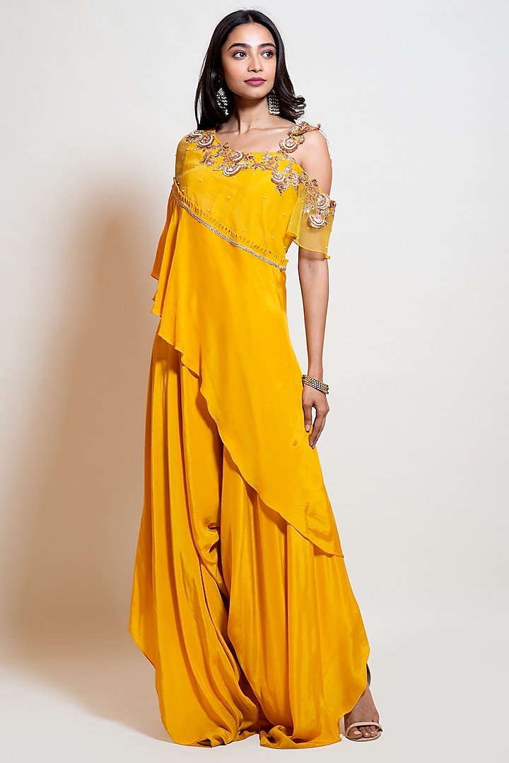 Canary Yellow Crepe Hand Embroidered Jumpsuit by Smriti by Anju Agarwal