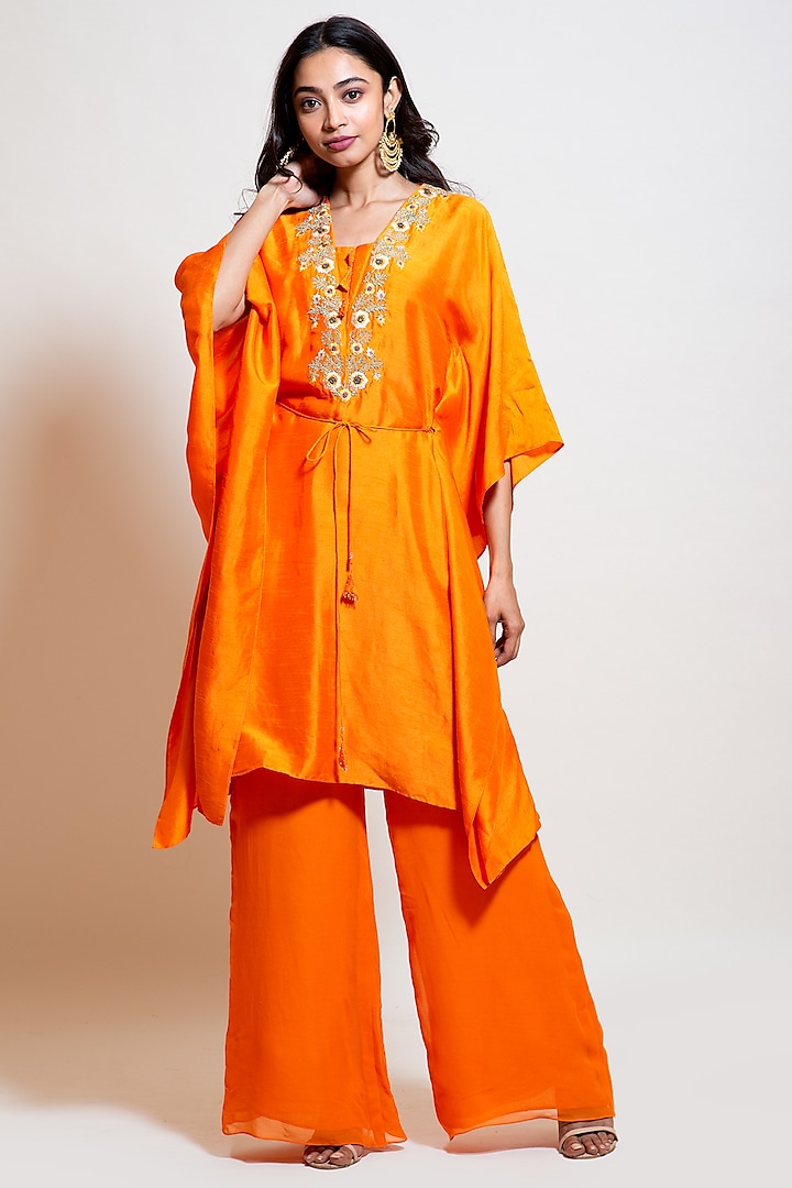 Bright Orange Silk Embroidered Kaftan Set by Smriti by Anju Agarwal