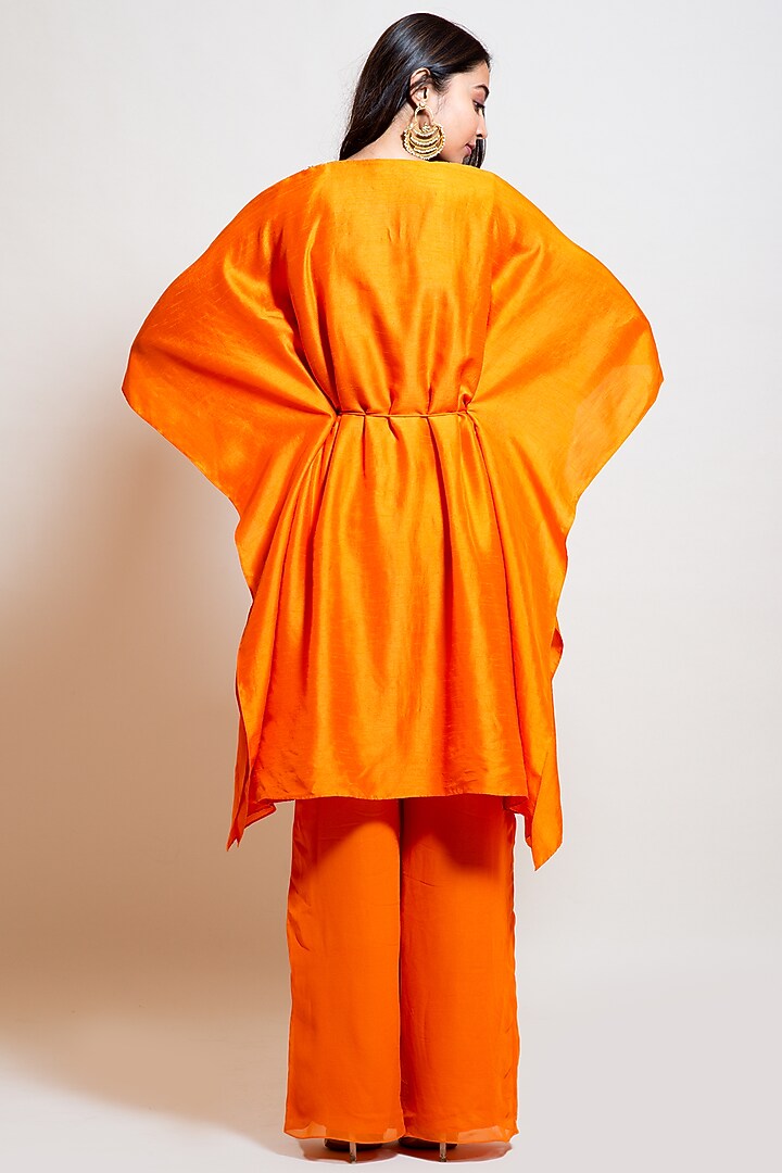 Bright Orange Silk Embroidered Kaftan Set by Smriti by Anju Agarwal at Pernia's Pop Up Shop