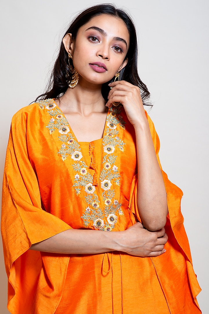 Bright Orange Silk Embroidered Kaftan Set by Smriti by Anju Agarwal at Pernia's Pop Up Shop