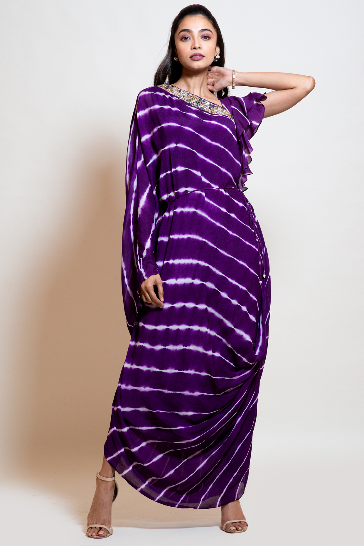 Plum Chinnon Leheriya Draped Kaftan by Smriti by Anju Agarwal at Pernia's Pop Up Shop