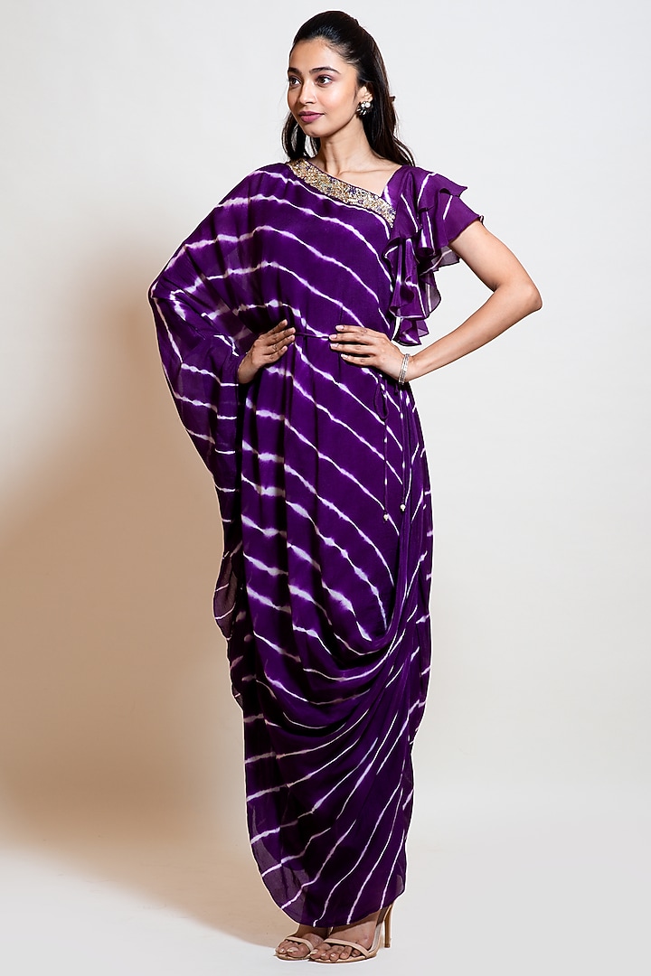 Plum Chinnon Leheriya Draped Kaftan by Smriti by Anju Agarwal at Pernia's Pop Up Shop
