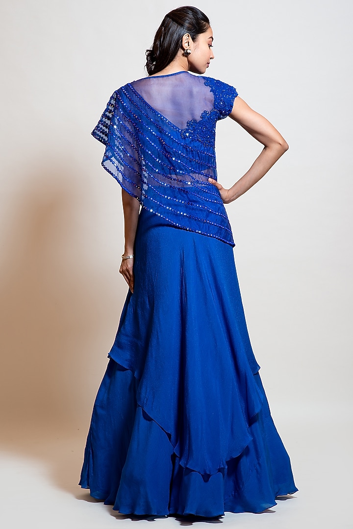 Electric Blue Chinnon Asymmetric Layered Lehenga Set by Smriti by Anju Agarwal at Pernia's Pop Up Shop