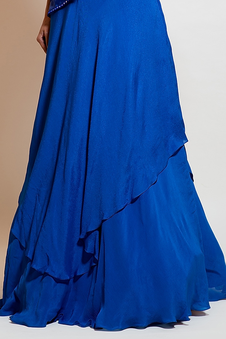 Electric Blue Chinnon Asymmetric Layered Lehenga Set by Smriti by Anju Agarwal at Pernia's Pop Up Shop