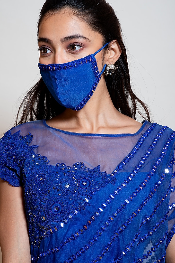Electric Blue Chinnon Asymmetric Layered Lehenga Set by Smriti by Anju Agarwal at Pernia's Pop Up Shop