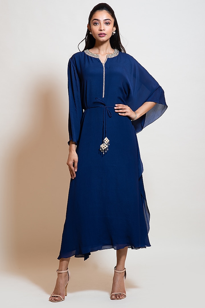 Navy Blue Georgette Embellished One-Sided Kaftan by Smriti by Anju Agarwal at Pernia's Pop Up Shop