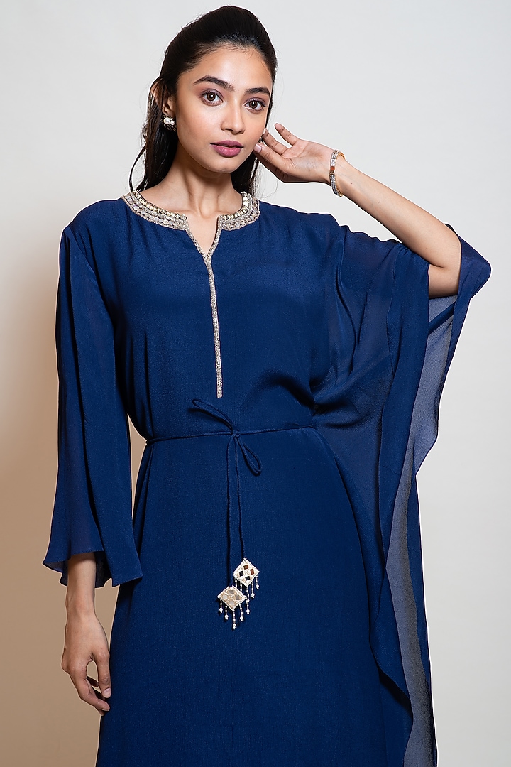 Navy Blue Georgette Embellished One-Sided Kaftan by Smriti by Anju Agarwal at Pernia's Pop Up Shop
