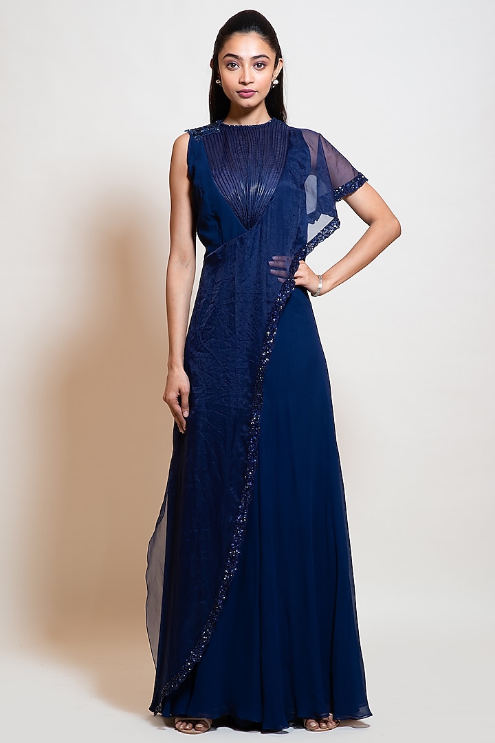 Midnight Blue Georgette Flared Jumpsuit by Smriti by Anju Agarwal