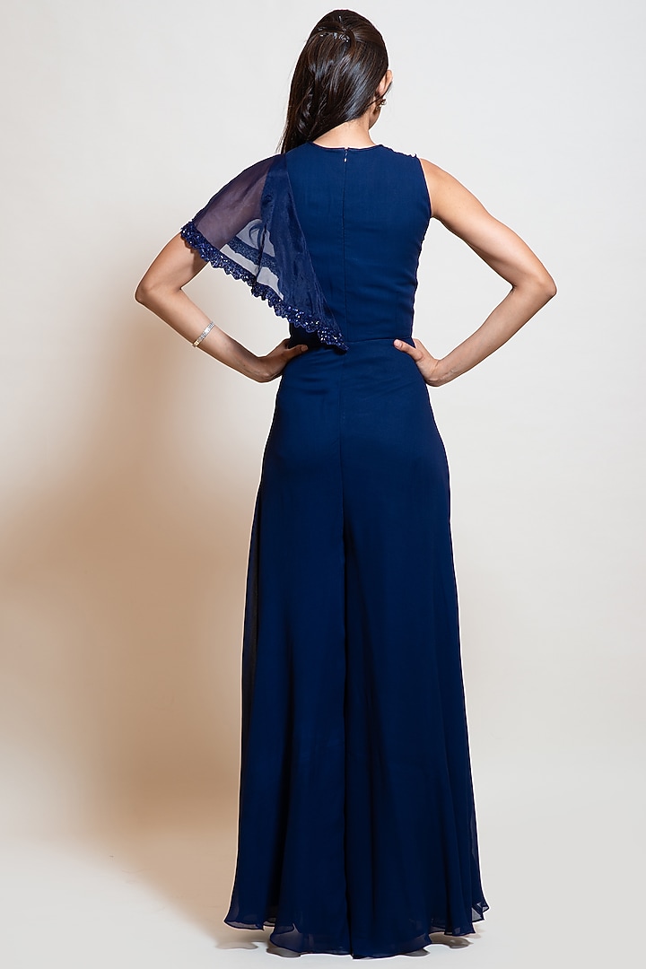Midnight Blue Georgette Flared Jumpsuit by Smriti by Anju Agarwal at Pernia's Pop Up Shop