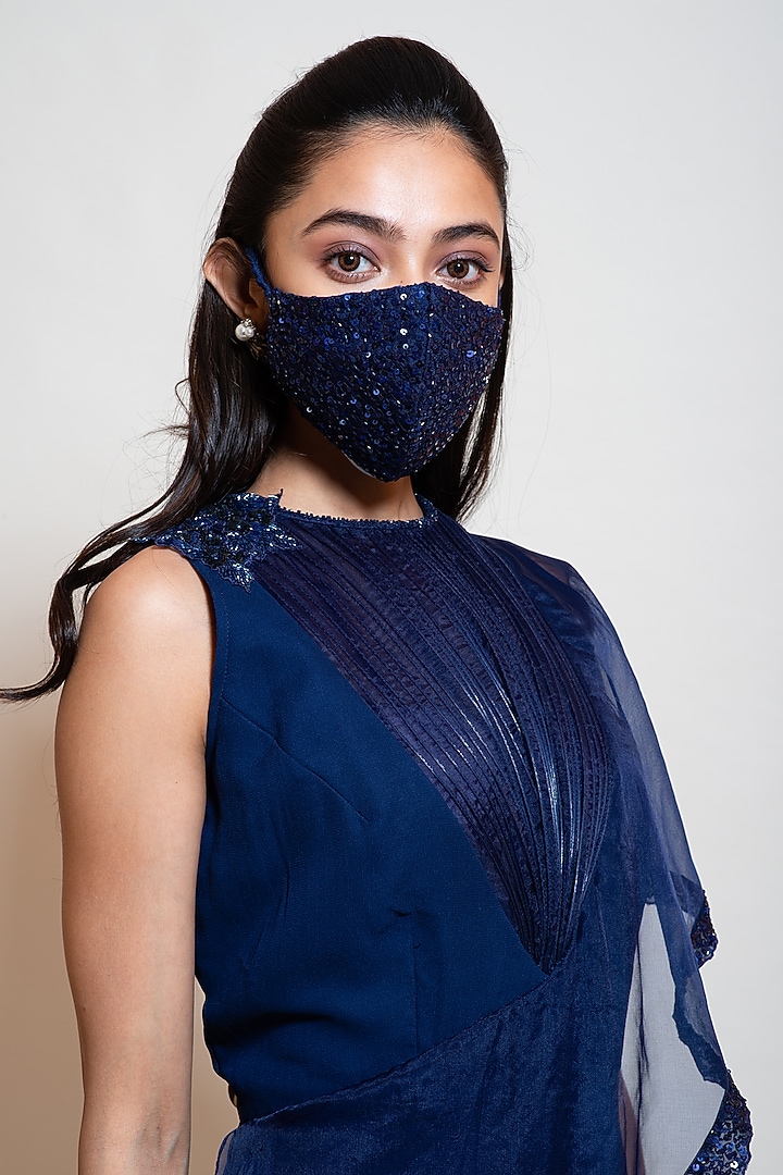 Midnight Blue Georgette Flared Jumpsuit by Smriti by Anju Agarwal at Pernia's Pop Up Shop