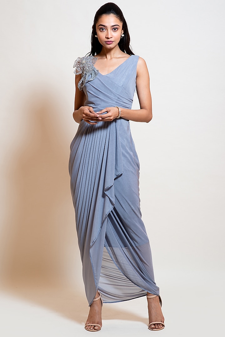 Ice Grey Lycra Embellished Draped Dress by Smriti by Anju Agarwal