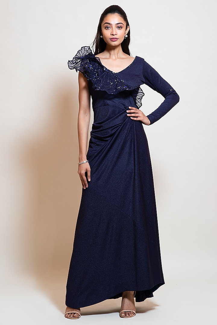 Navy Blue Lycra Embellished Draped Dress by Smriti by Anju Agarwal