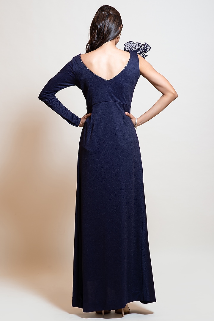 Navy Blue Lycra Embellished Draped Vacation Dress by Smriti by Anju Agarwal at Pernia's Pop Up Shop
