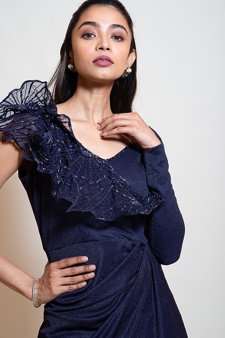 Navy Blue Lycra Embellished Draped Vacation Dress by Smriti by Anju Agarwal at Pernia's Pop Up Shop