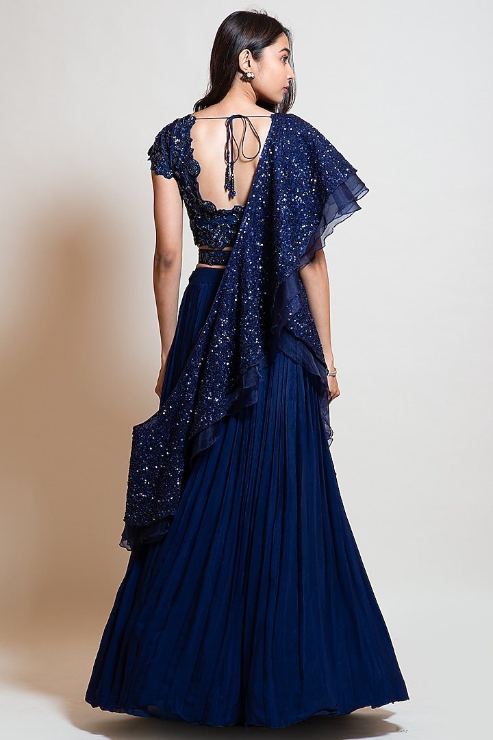 Navy Blue Chinnon Embroidered Wedding Lehenga Set by Smriti by Anju Agarwal at Pernia's Pop Up Shop