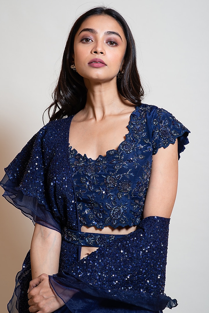 Navy Blue Chinnon Embroidered Wedding Lehenga Set by Smriti by Anju Agarwal at Pernia's Pop Up Shop