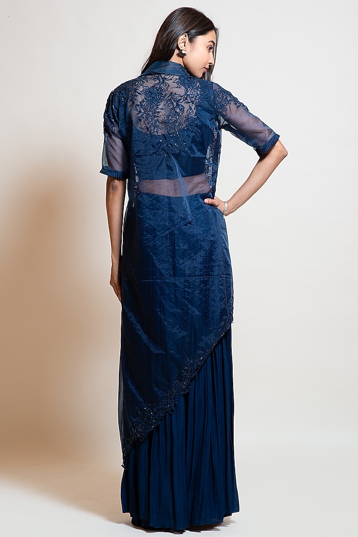 Navy Blue Sheer Organza Embellished Jacket Set by Smriti by Anju Agarwal at Pernia's Pop Up Shop