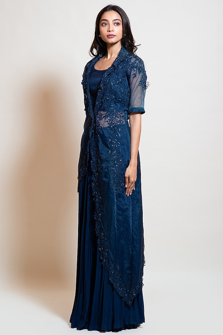 Navy Blue Sheer Organza Embellished Jacket Set by Smriti by Anju Agarwal at Pernia's Pop Up Shop
