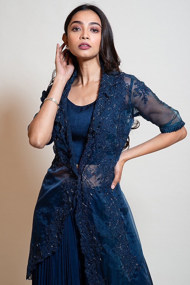 Navy Blue Sheer Organza Embellished Jacket Set by Smriti by Anju Agarwal at Pernia's Pop Up Shop