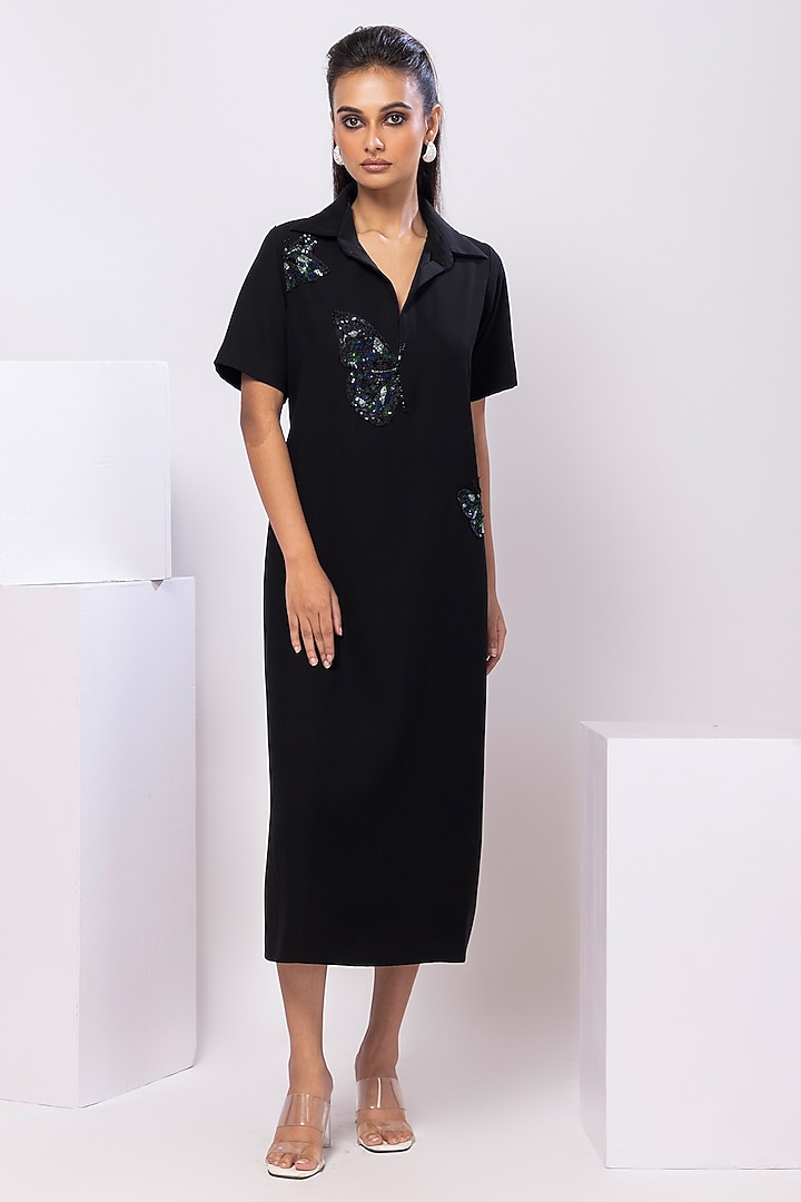 Black Suiting Butterfly Embellished Midi Polo Summer Dress by Smriti by Anju Agarwal at Pernia's Pop Up Shop