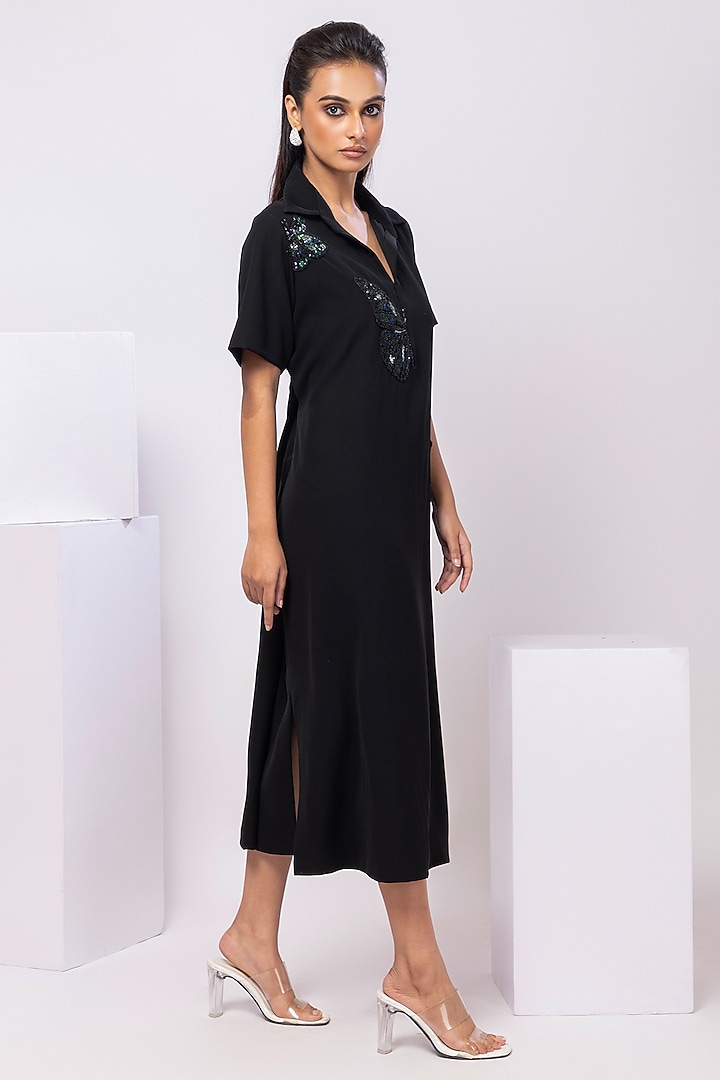 Black Suiting Butterfly Embellished Midi Polo Summer Dress by Smriti by Anju Agarwal at Pernia's Pop Up Shop