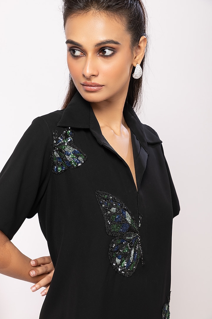Black Suiting Butterfly Embellished Midi Polo Summer Dress by Smriti by Anju Agarwal at Pernia's Pop Up Shop