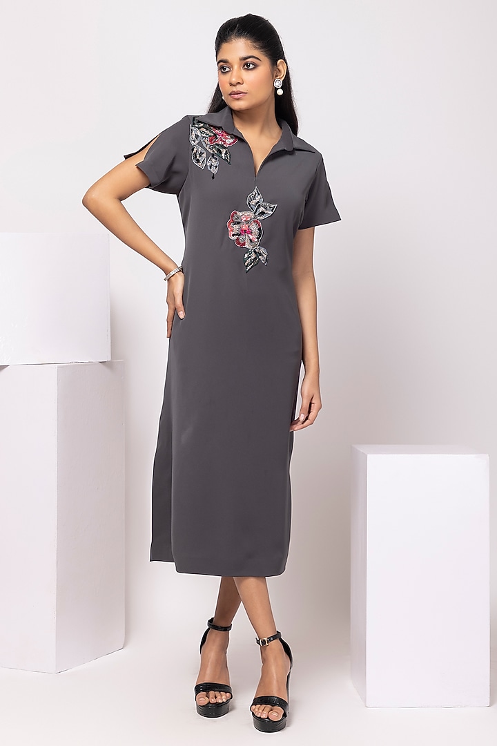 Grey Suiting Floral Embellished Midi Polo Summer Dress by Smriti by Anju Agarwal at Pernia's Pop Up Shop