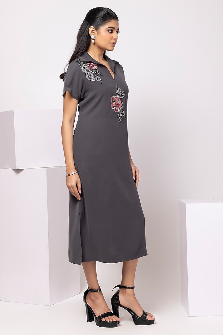 Grey Suiting Floral Embellished Midi Polo Summer Dress by Smriti by Anju Agarwal at Pernia's Pop Up Shop