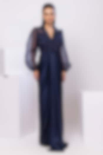Navy Blue Organza & Modal Satin Party Wear Gown by Smriti by Anju Agarwal at Pernia's Pop Up Shop