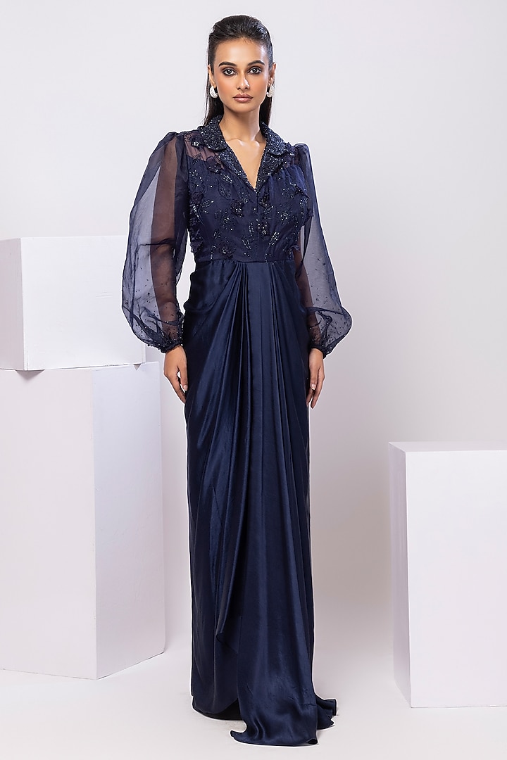 Navy Blue Organza & Modal Satin Party Wear Gown by Smriti by Anju Agarwal at Pernia's Pop Up Shop