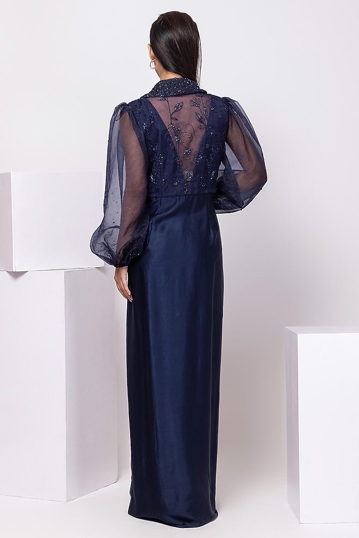 Navy Blue Organza & Modal Satin Party Wear Gown by Smriti by Anju Agarwal at Pernia's Pop Up Shop
