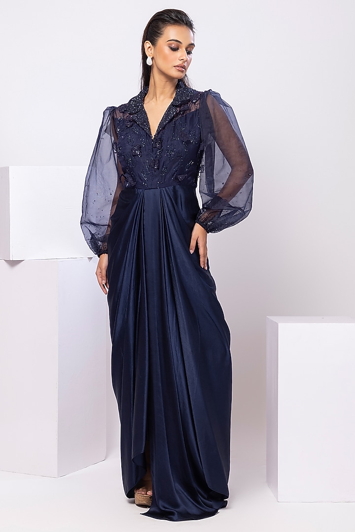 Navy Blue Organza & Modal Satin Party Wear Gown by Smriti by Anju Agarwal at Pernia's Pop Up Shop