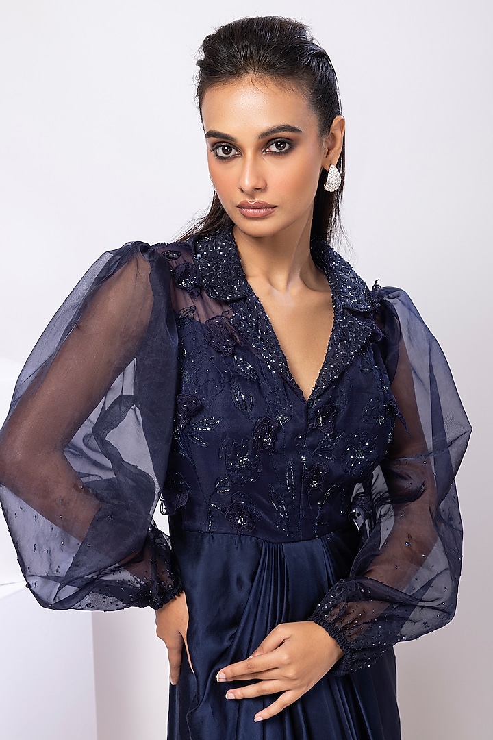 Navy Blue Organza & Modal Satin Party Wear Gown by Smriti by Anju Agarwal at Pernia's Pop Up Shop