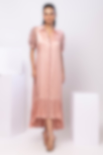 Pink Satin Chinon Hand Embellished High-Low Ruffled Shirt Vacation Dress by Smriti by Anju Agarwal at Pernia's Pop Up Shop