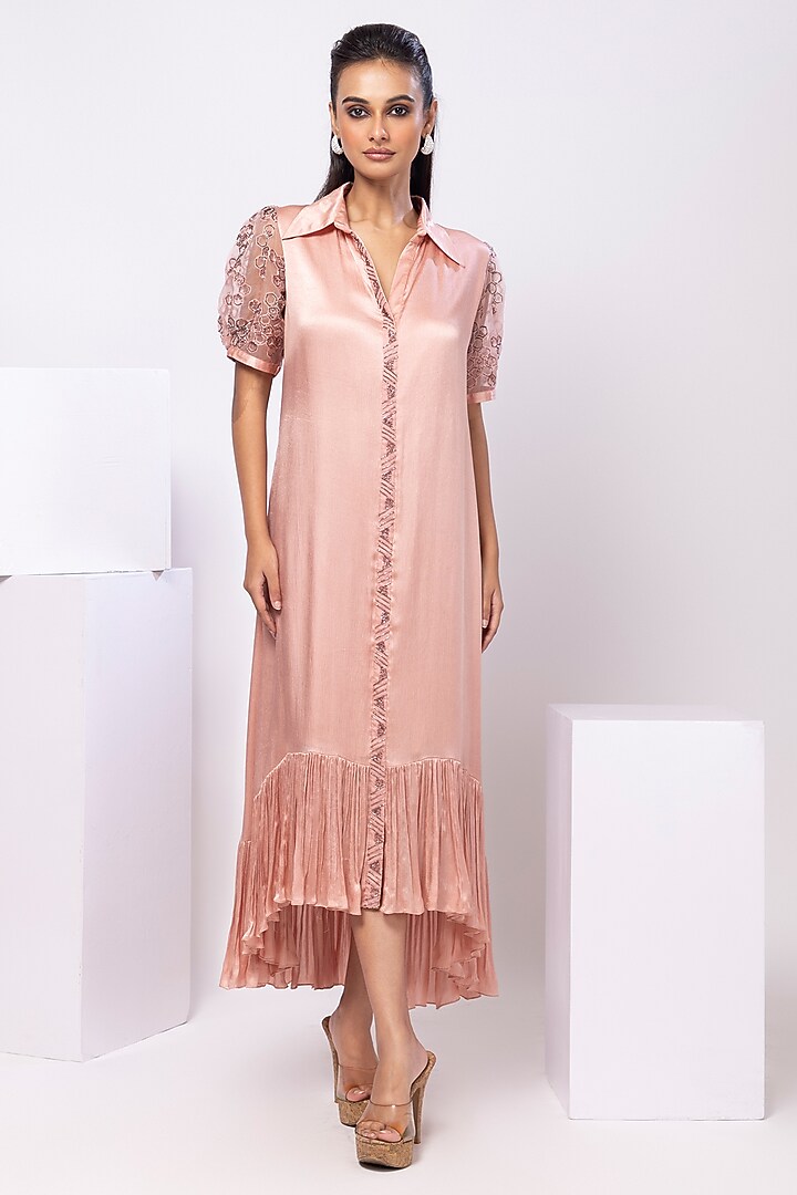 Pink Satin Chinon Hand Embellished High-Low Ruffled Shirt Vacation Dress by Smriti by Anju Agarwal at Pernia's Pop Up Shop
