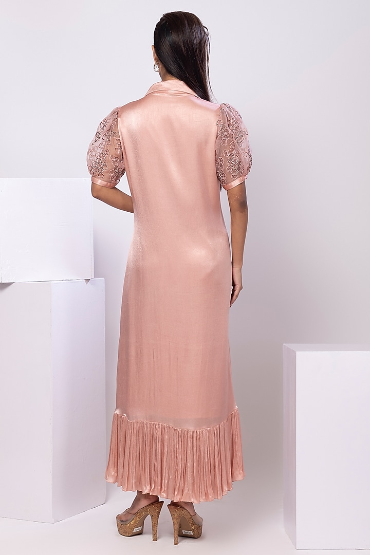 Pink Satin Chinon Hand Embellished High-Low Ruffled Shirt Vacation Dress by Smriti by Anju Agarwal at Pernia's Pop Up Shop