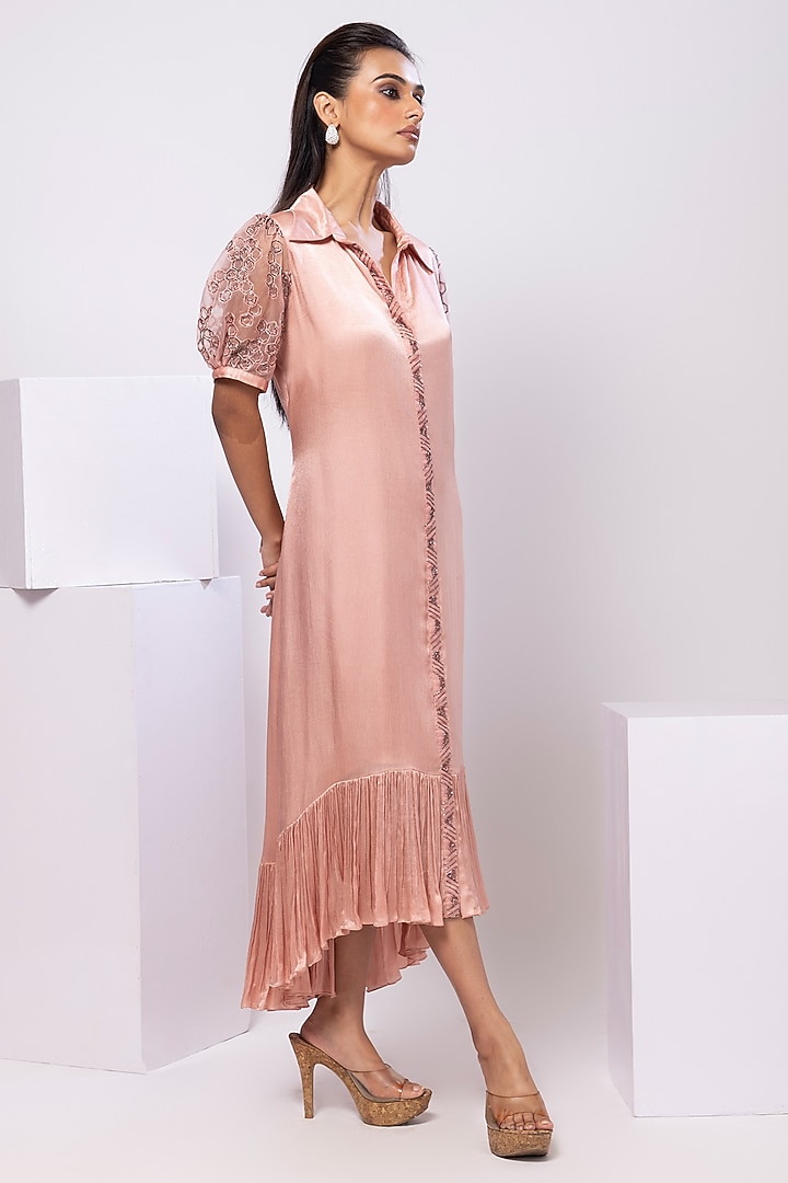 Pink Satin Chinon Hand Embellished High-Low Ruffled Shirt Vacation Dress by Smriti by Anju Agarwal at Pernia's Pop Up Shop