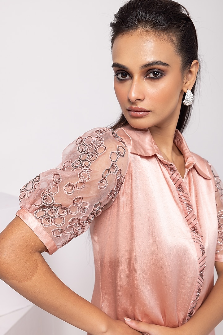 Pink Satin Chinon Hand Embellished High-Low Ruffled Shirt Vacation Dress by Smriti by Anju Agarwal at Pernia's Pop Up Shop