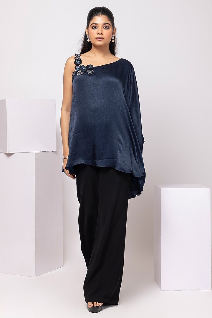 Navy Blue Satin Chinon Floral Embellished Asymmetrical Tunic Set by Smriti by Anju Agarwal at Pernia's Pop Up Shop