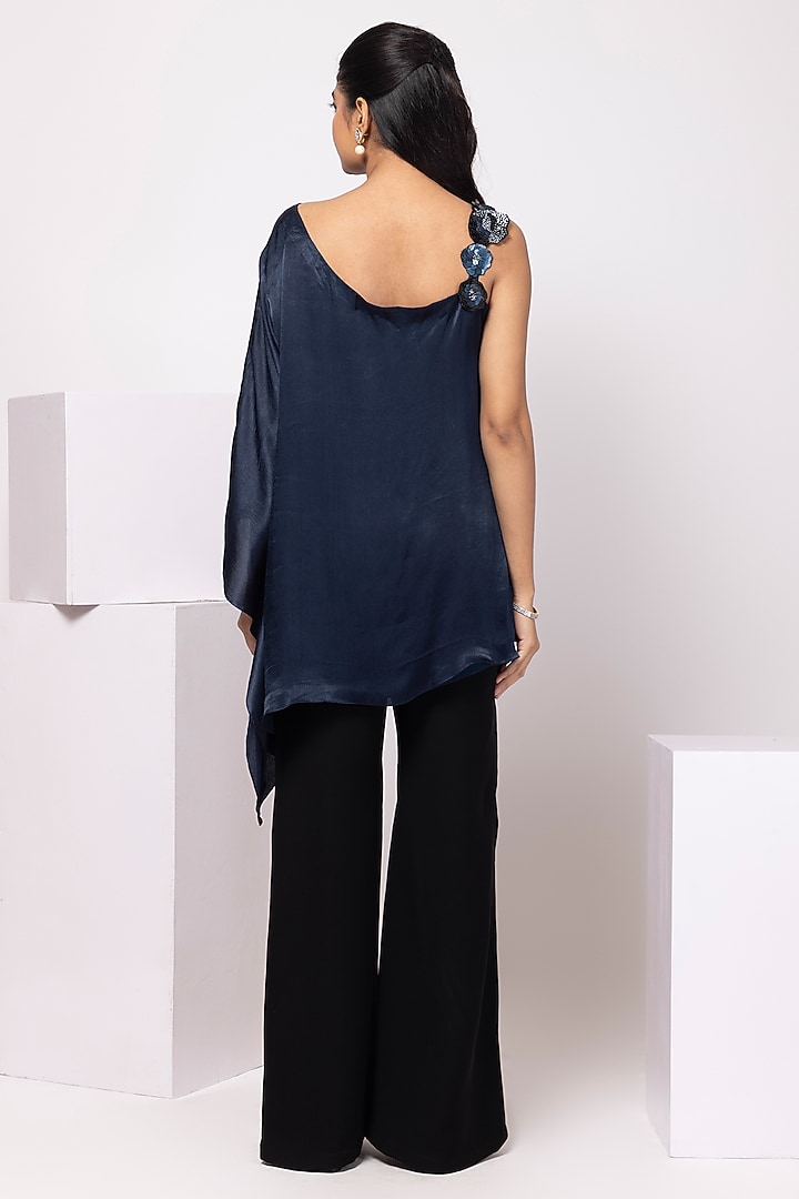 Navy Blue Satin Chinon Floral Embellished Asymmetrical Tunic Set by Smriti by Anju Agarwal at Pernia's Pop Up Shop
