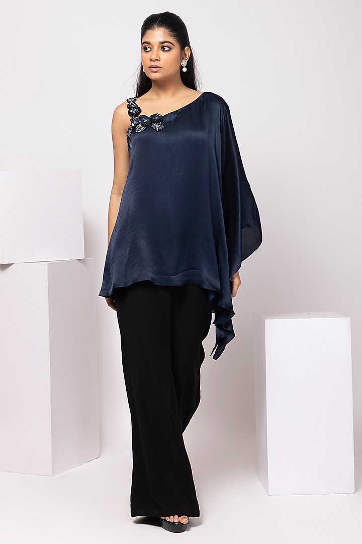 Navy Blue Satin Chinon Floral Embellished Asymmetrical Tunic Set by Smriti by Anju Agarwal at Pernia's Pop Up Shop