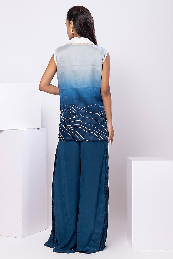 Blue Satin Organza Ombre Jacket Set by Smriti by Anju Agarwal at Pernia's Pop Up Shop