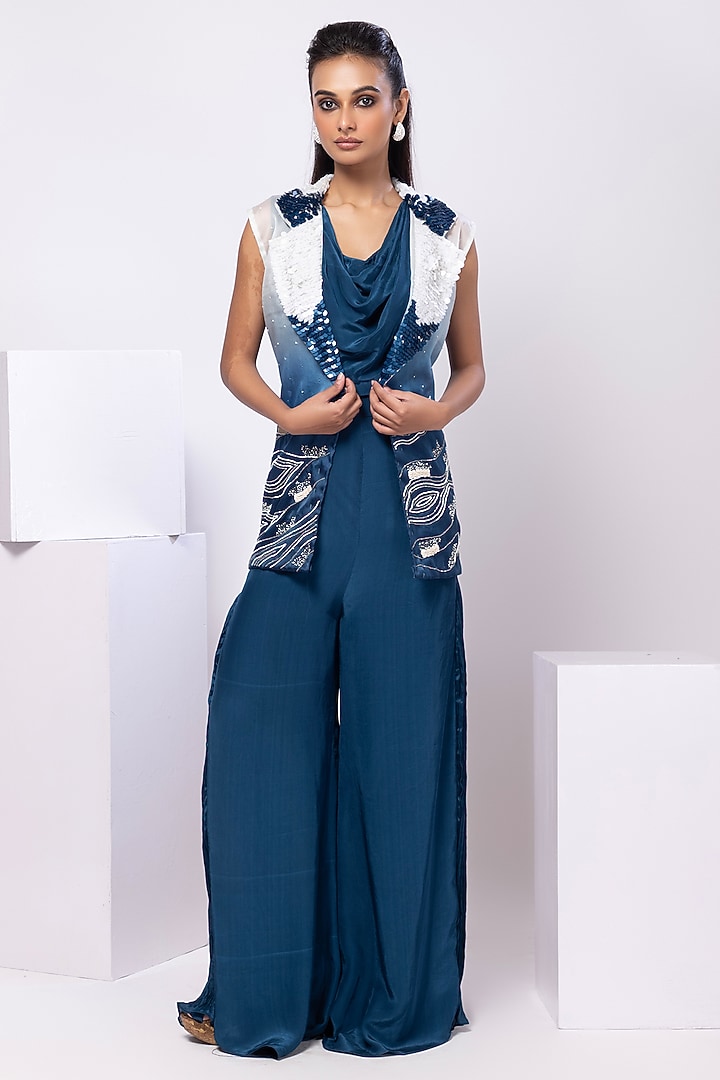 Blue Satin Organza Ombre Jacket Set by Smriti by Anju Agarwal at Pernia's Pop Up Shop