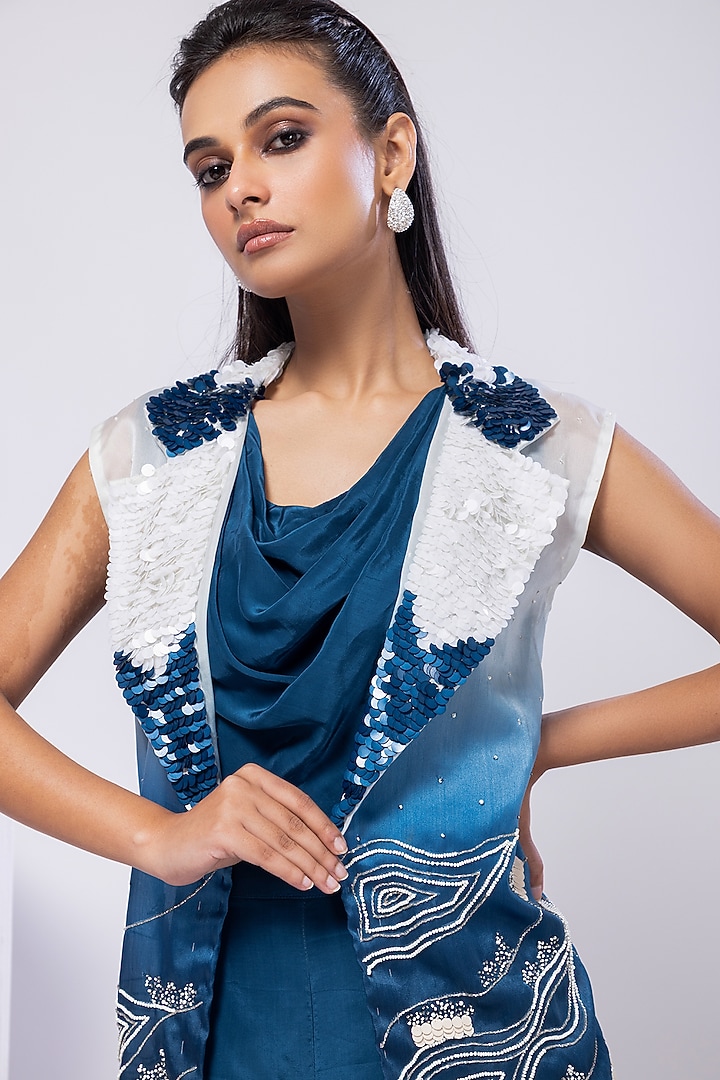 Blue Satin Organza Ombre Jacket Set by Smriti by Anju Agarwal at Pernia's Pop Up Shop